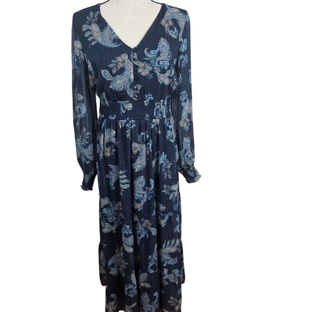 Lucky Brand Maxi Dress Womens Medium Blue Paisley Metallic Smocked Waist Boho‎